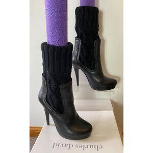 Charles David Black Leather & Knit Boots Stiletto Heels Size 7.5